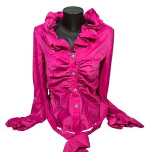 Joseph Ribkoff Womens Pink Ruffle Blouse Rhinestone Button Ruched Tie Waist Sz 8